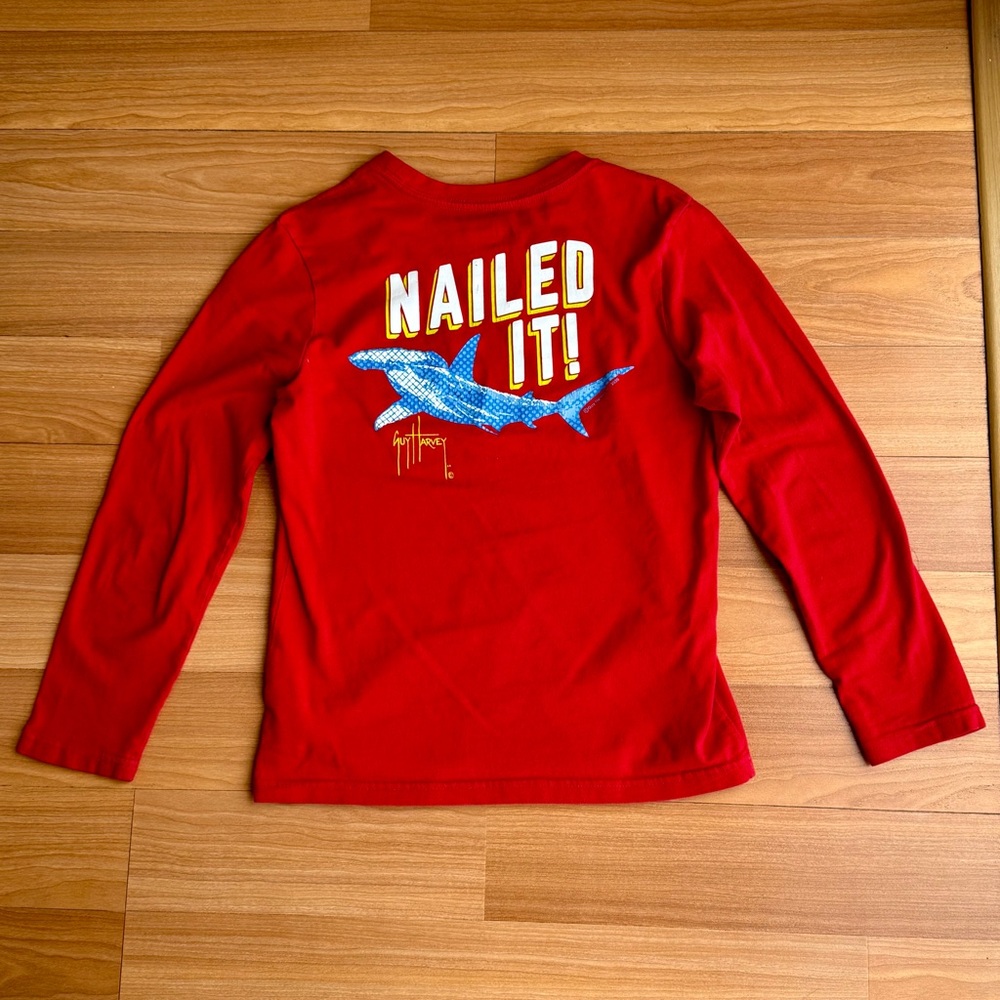 Guy Harvey Boys Hammerhead shark “nailed it” long sleeve graphic tee M